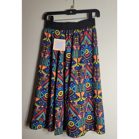NWT LuLaRoe LOLA Midi Skirt Lined Size XS Black Band Multicolored Print Hearts - Picture 2 of 6